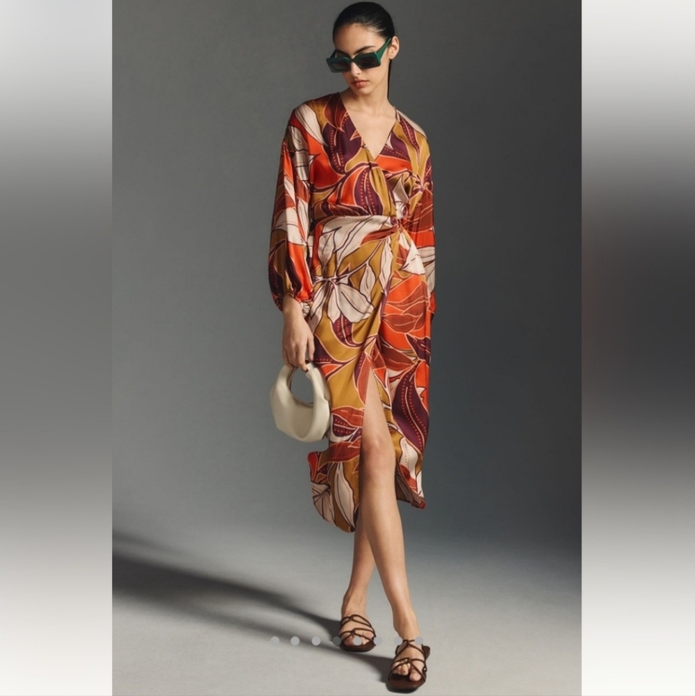 Anthropologie Floral Printed Midi Wrap Dress Large Petite